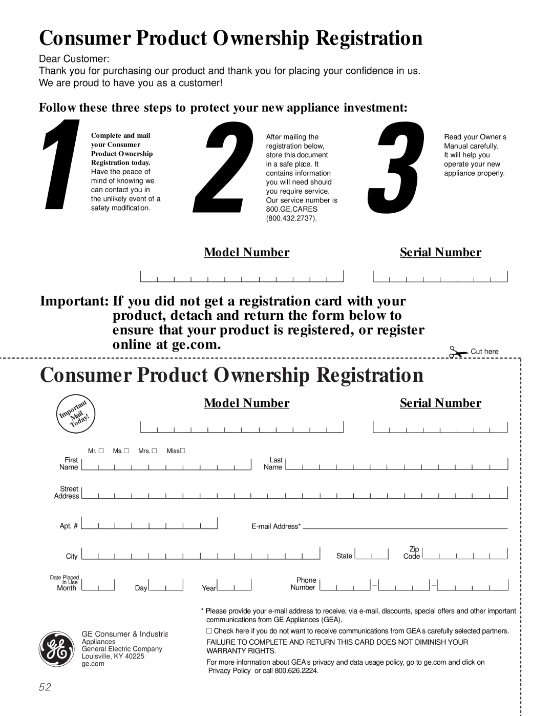 GE JT96530 manual Consumer Product Ownership Registration 