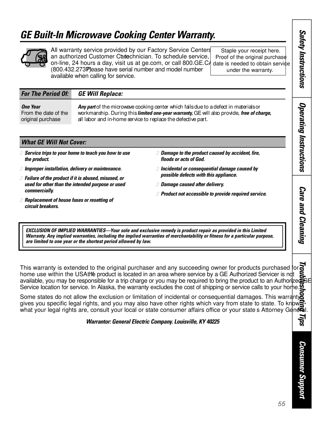 GE JT96530 manual GE Built-In Microwave Cooking Center Warranty, Instructions Care, GE Will Replace, What GE Will Not Cover 