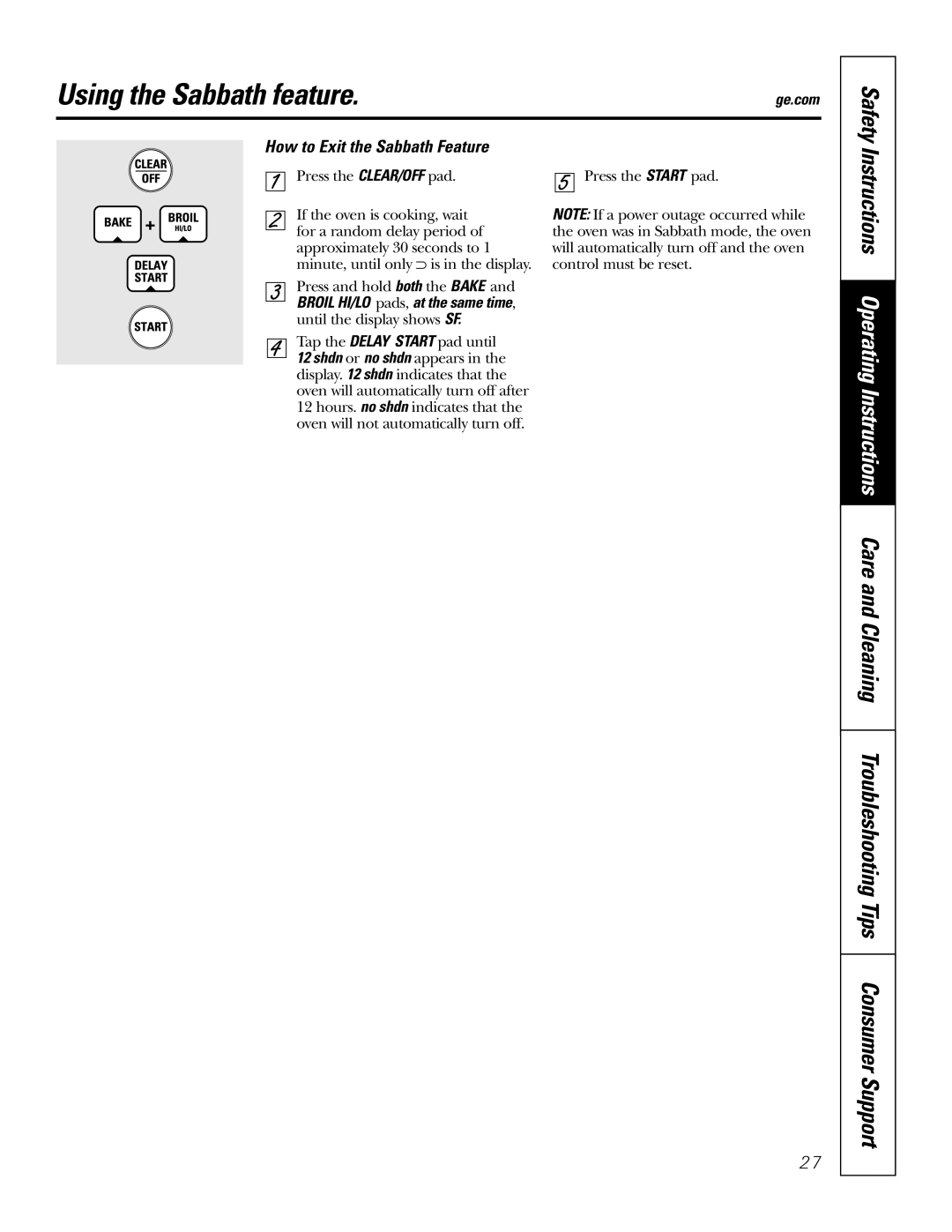 GE JT96530 manual Using the Sabbath feature, Press the START pad 