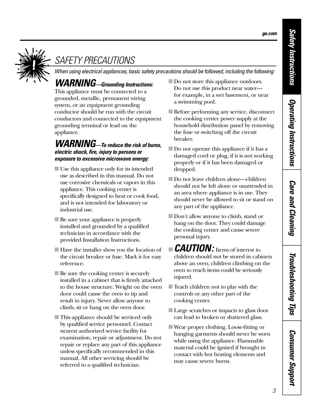 GE JT96530 manual Safety Precautions, Safety Instructions Operating Instructions Care and Cleaning 