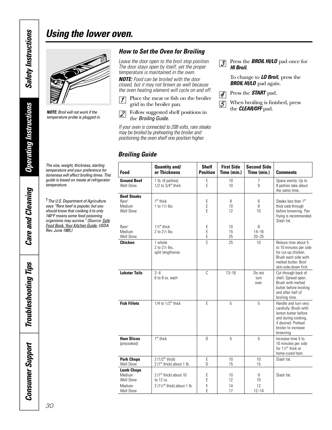 GE JT96530 Instructions Safety, Consumer Support Troubleshooting Tips Care and Cleaning Operating, Broiling Guide, Shelf 