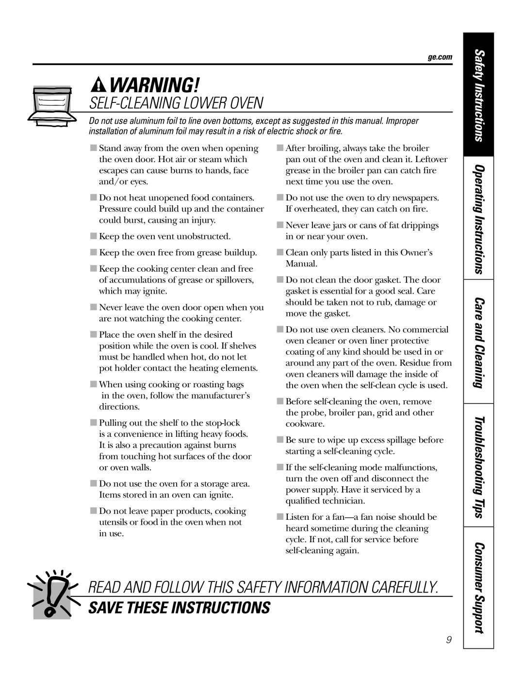 GE JT96530 manual Self-Cleaning Lower Oven, Save These Instructions, Support, Safety Instructions 