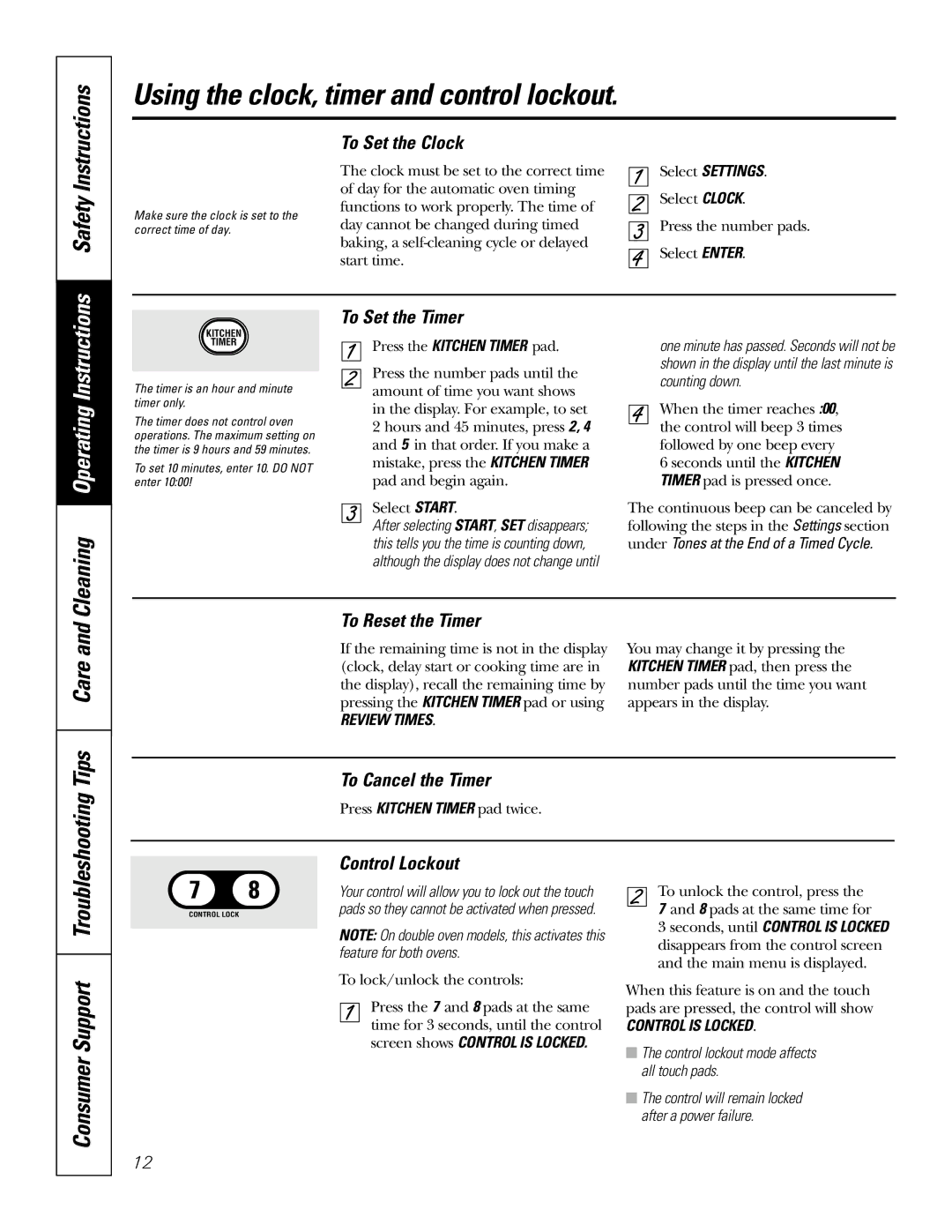 GE JT980 Using the clock, timer and control lockout, Consumer Support Troubleshooting, To Set the Clock, To Set the Timer 