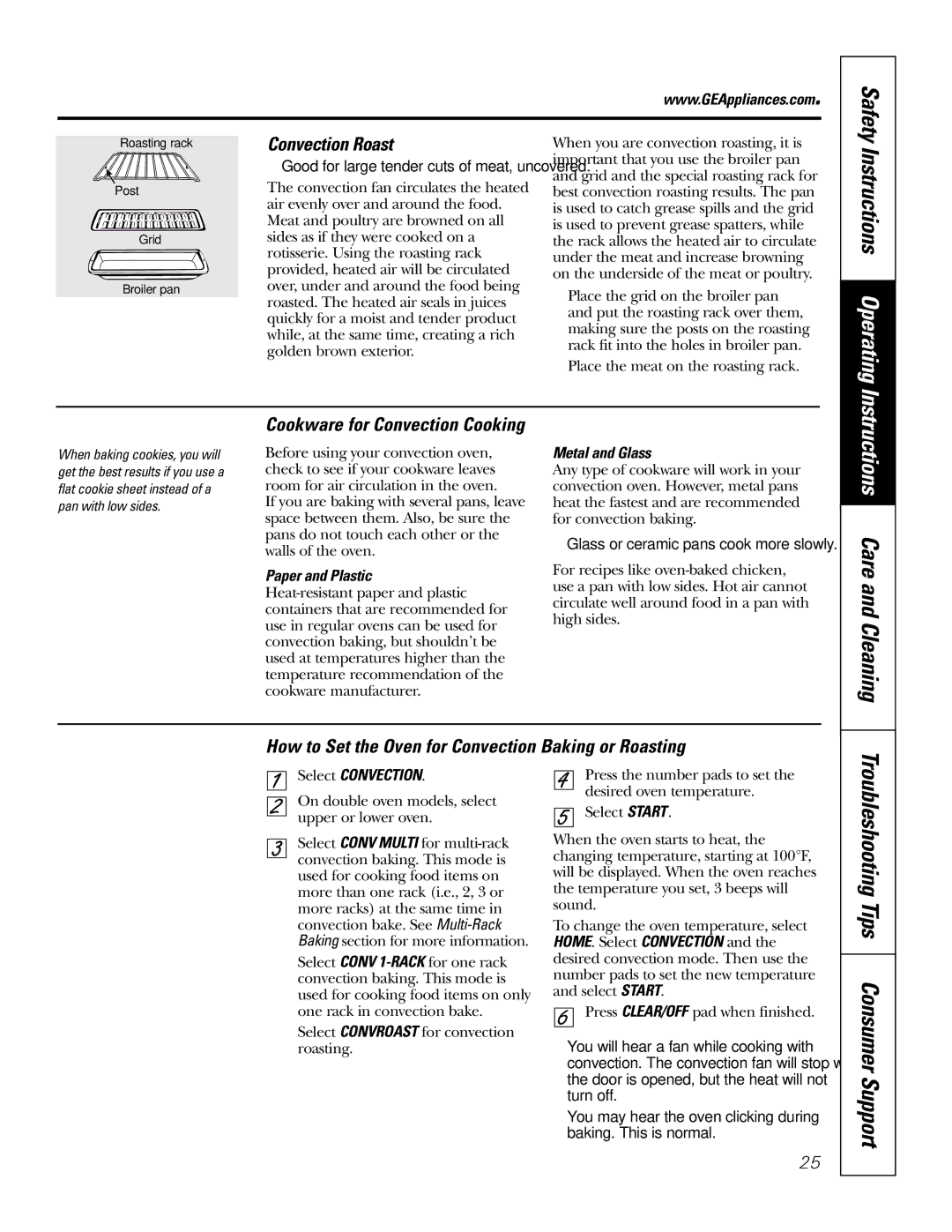 GE JT930 Instructions Operating, Instructions Care and Cleaning, How to Set the Oven for Convection Baking or Roasting 