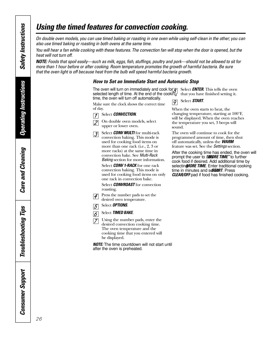 GE JT980, JT930 owner manual Using the timed features for convection cooking, Tips Care and Cleaning Operating Instructions 