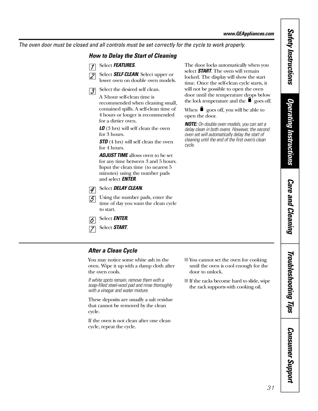 GE JT930, JT980 owner manual Troubleshooting Tips Consumer Support, After a Clean Cycle, How to Delay the Start of Cleaning 