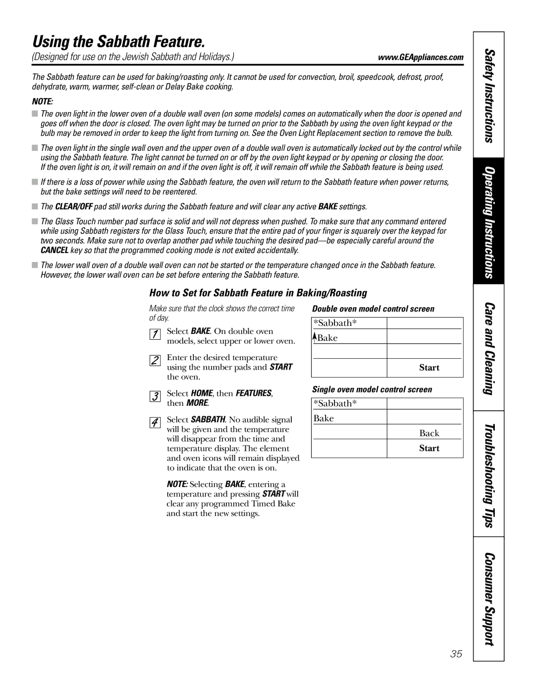 GE JT930, JT980 owner manual Using the Sabbath Feature, Care and Cleaning Troubleshooting Tips Consumer Support 