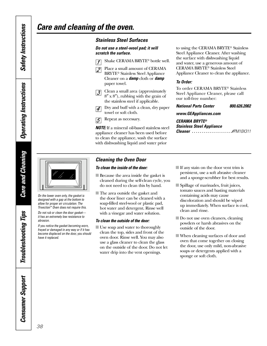 GE JT980, JT930 owner manual Stainless Steel Surfaces, Cleaning the Oven Door 