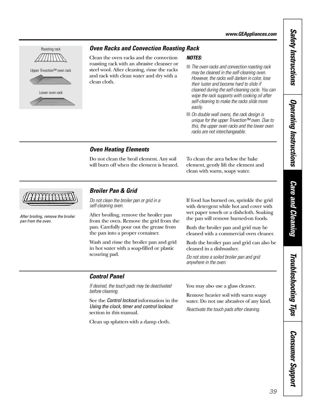 GE JT930, JT980 owner manual Oven Racks and Convection Roasting Rack, Broiler Pan & Grid, Control Panel 