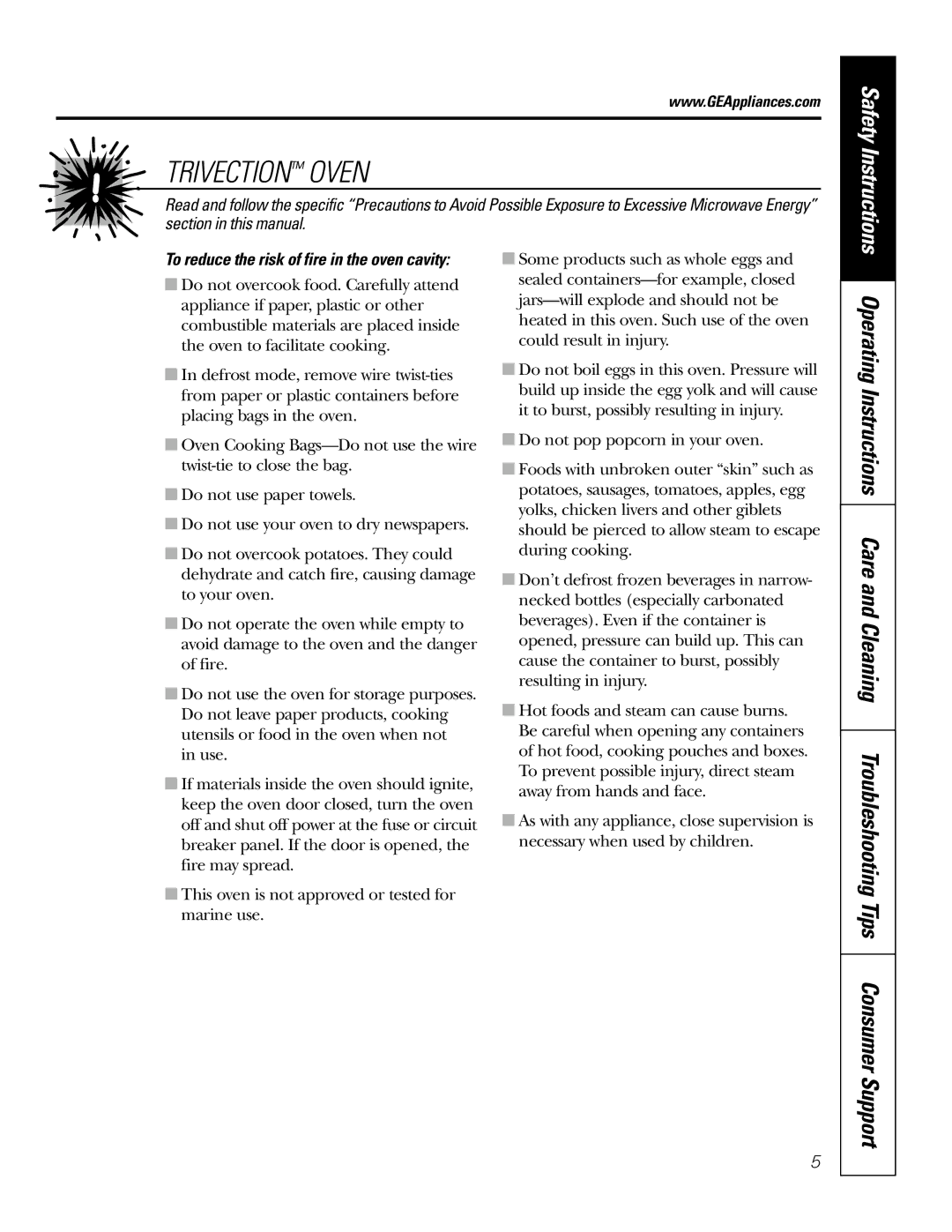 GE JT930, JT980 owner manual Trivection Oven, To reduce the risk of fire in the oven cavity 