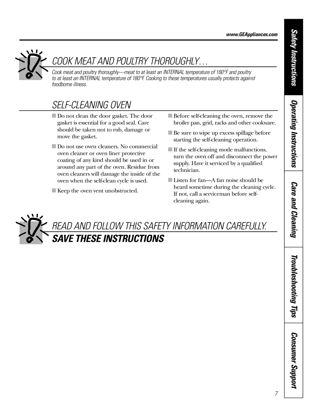 GE JT930, JT980 owner manual Cook Meat and Poultry THOROUGHLY…, Cleaning Troubleshooting Tips Consumer Support 