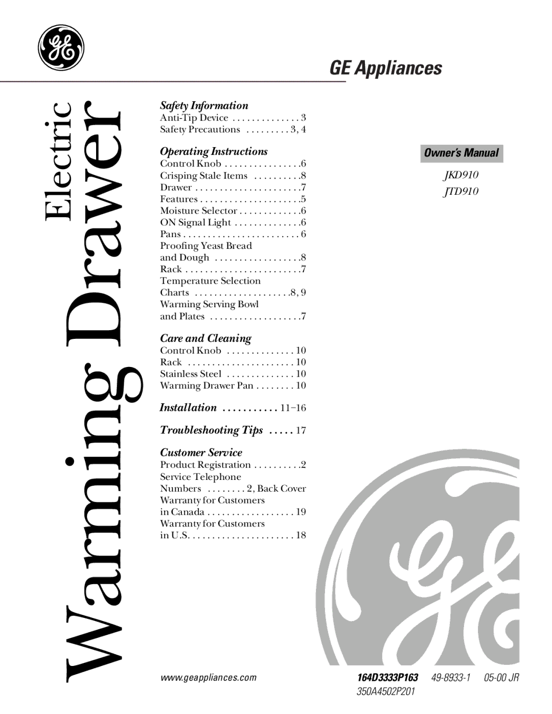 GE JTD910WBWW, JTD910SBSS, JTD910BBBB, JKD910 owner manual GE Appliances 