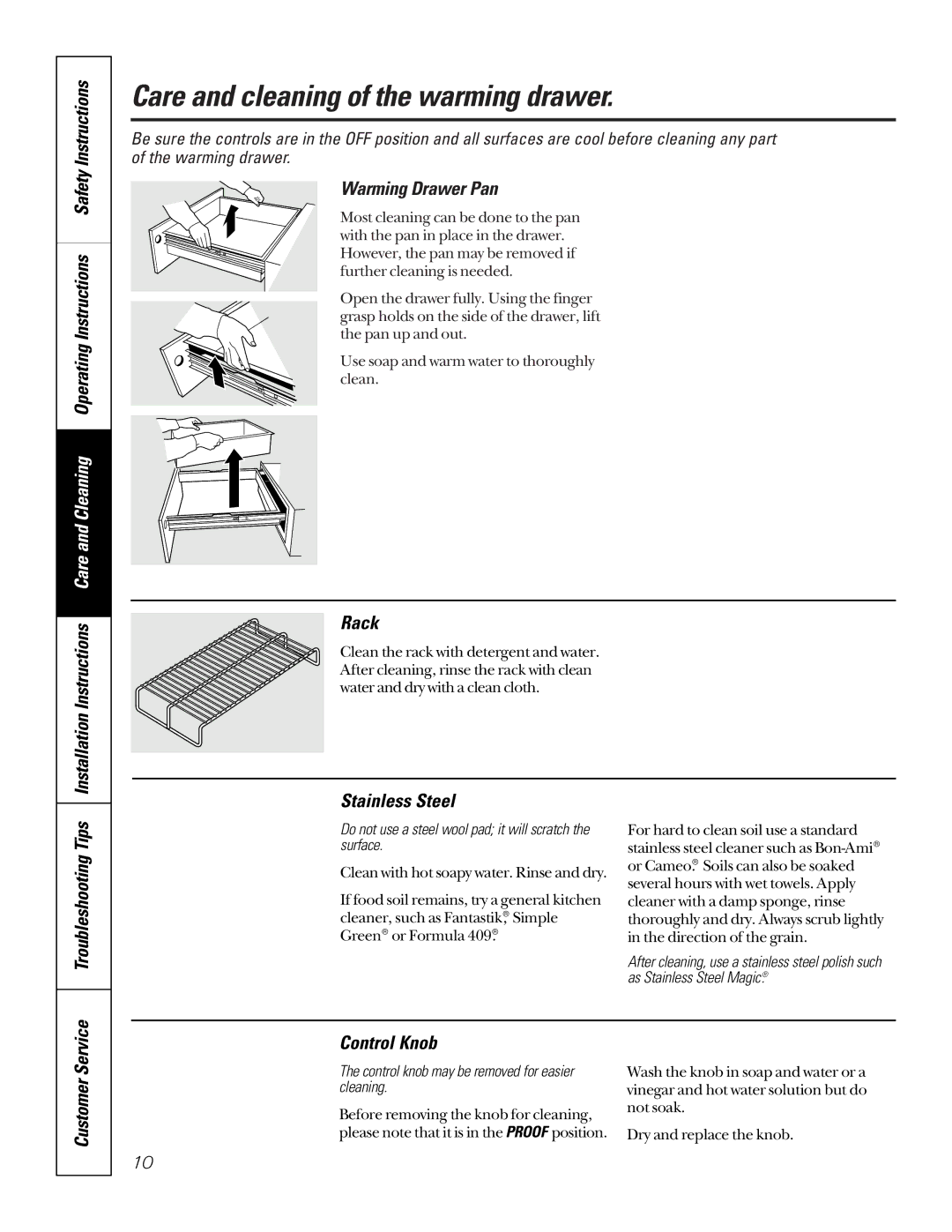 GE JTD910SBSS Care and cleaning of the warming drawer, Warming Drawer Pan, Stainless Steel, Customer Service Control Knob 
