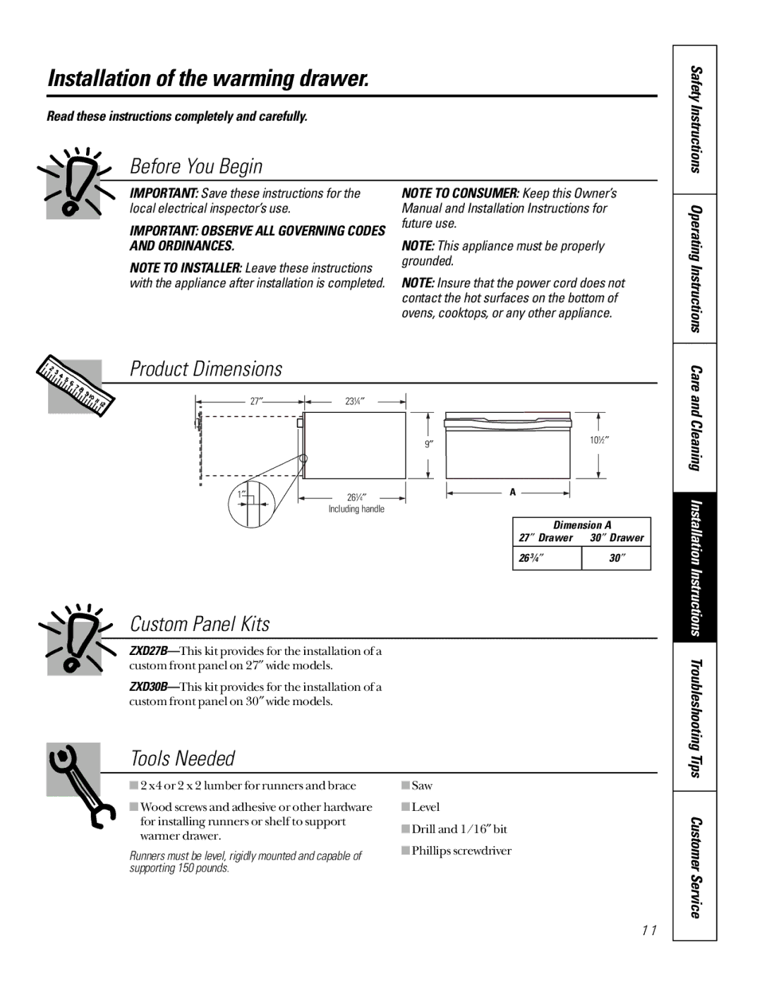 GE JTD910WBWW Installation of the warming drawer, Before You Begin, Product Dimensions, Custom Panel Kits, Tools Needed 