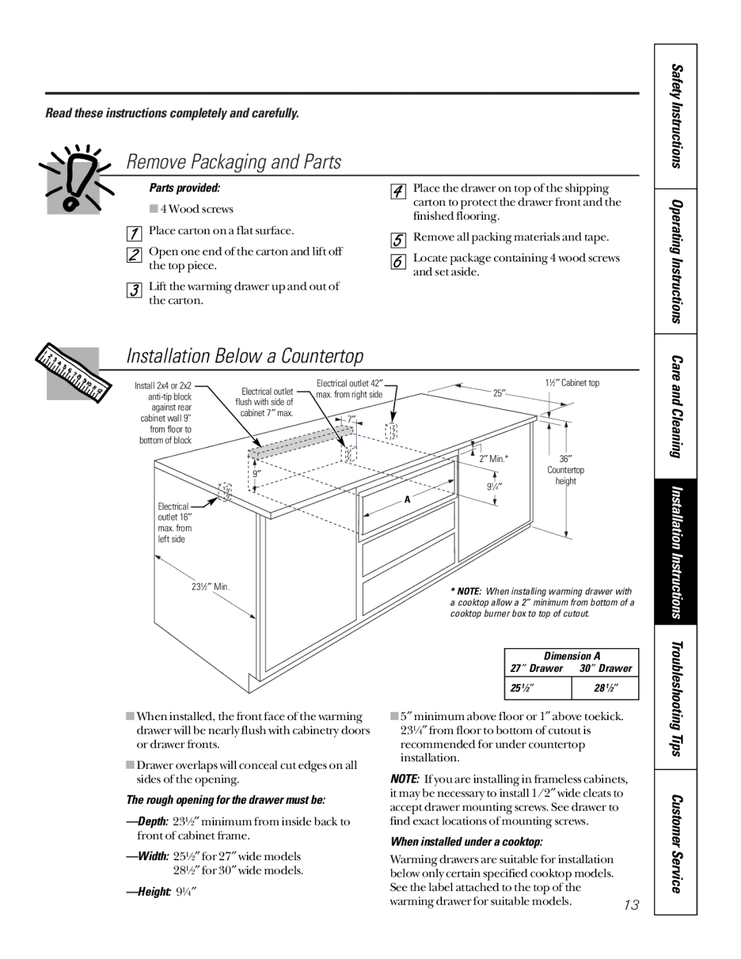 GE JKD910, JTD910SBSS Remove Packaging and Parts, Installation Below a Countertop, Troubleshooting Tips Customer Service 