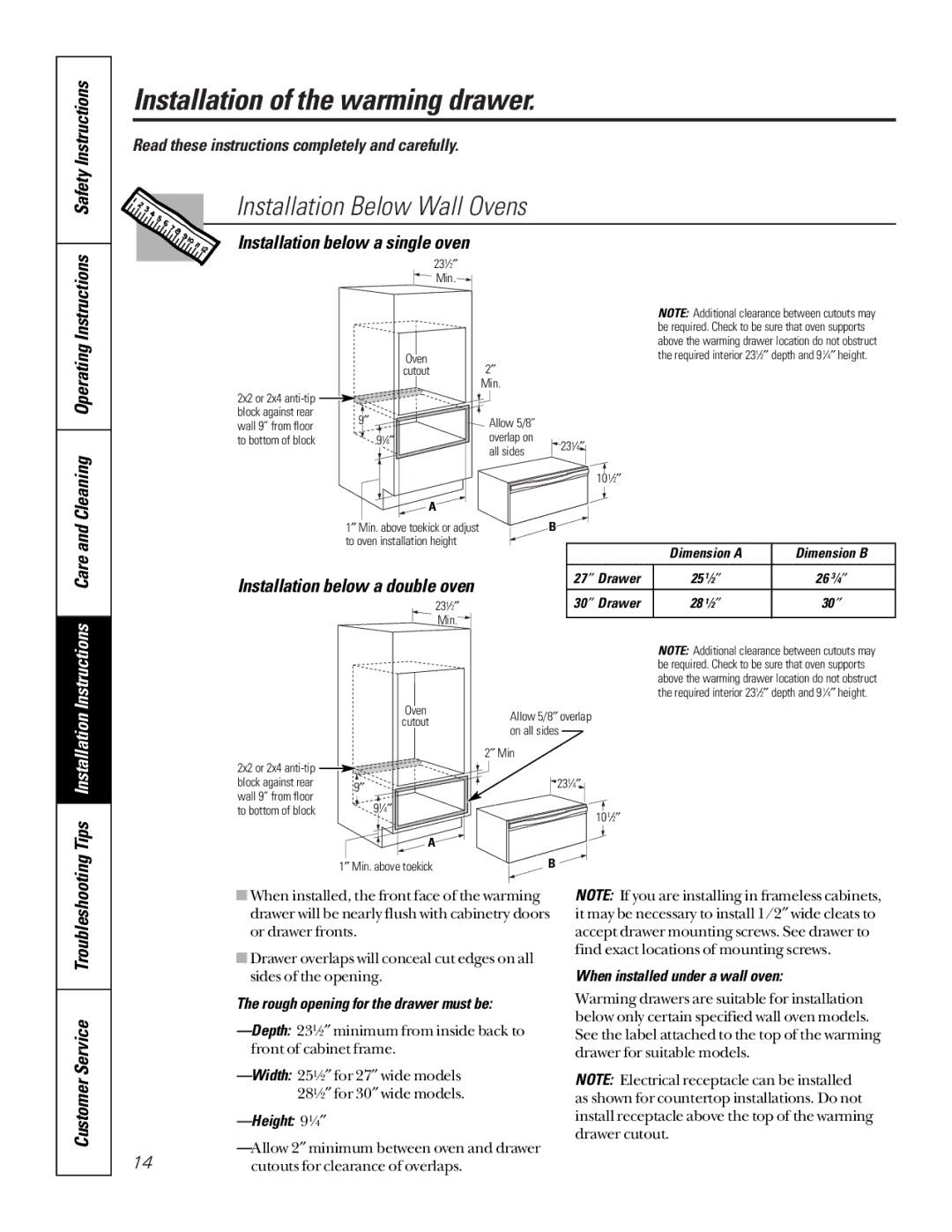 GE JTD910SBSS, JKD910 Installation Below Wall Ovens, Installation below a double oven, Customer Service Troubleshooting 