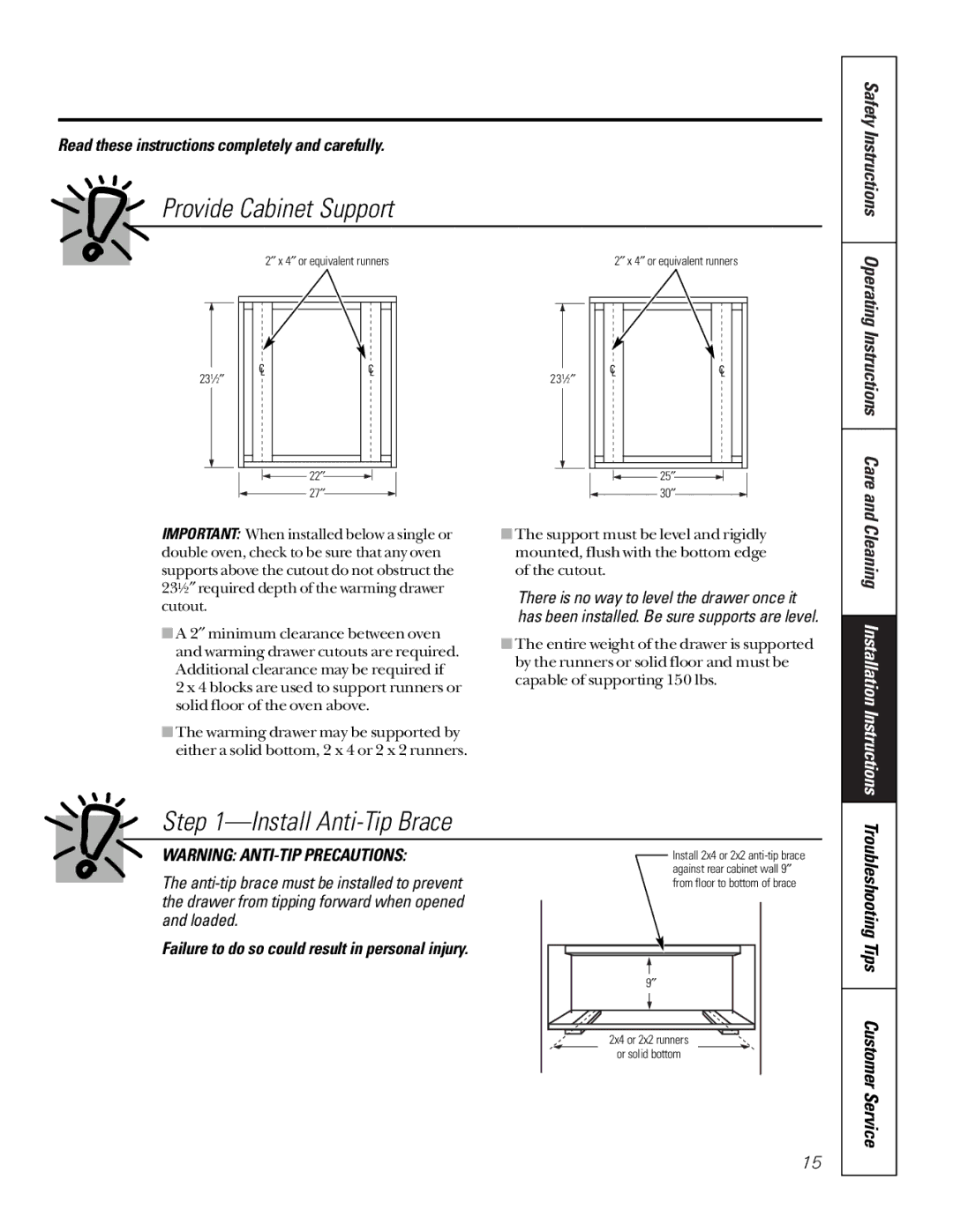 GE JTD910SBSS, JTD910WBWW, JTD910BBBB, JKD910 Provide Cabinet Support, Install Anti-Tip Brace, Operating Instructions Care 