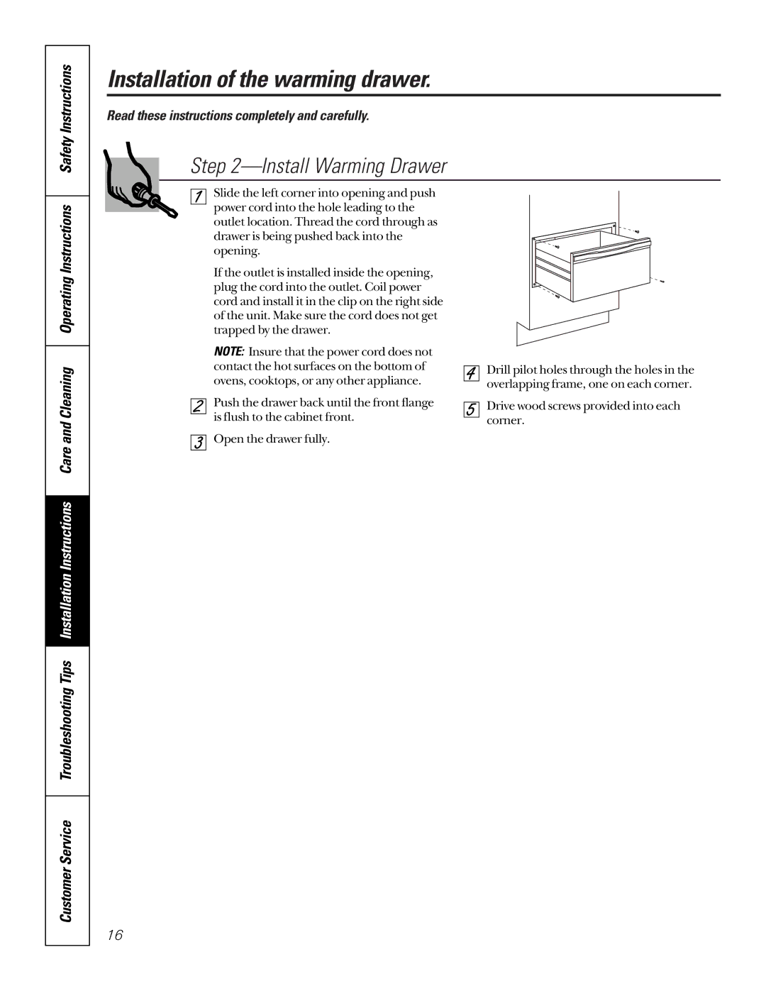 GE JTD910WBWW, JTD910SBSS, JTD910BBBB, JKD910 owner manual Install Warming Drawer 