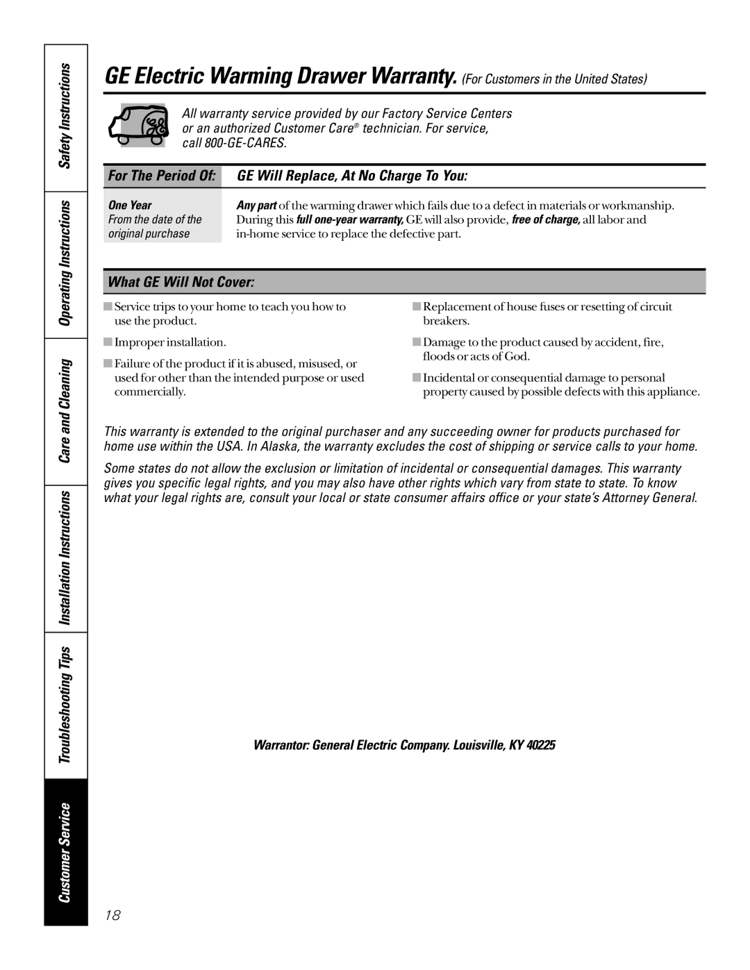 GE JKD910, JTD910SBSS Operating Instructions Safety Instructions, GE Will Replace, At No Charge To You, One Year 