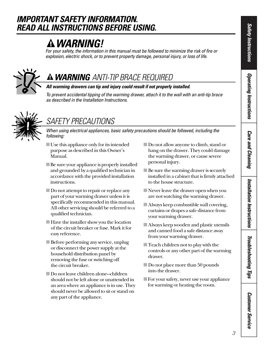 GE JKD910, JTD910SBSS, JTD910WBWW, JTD910BBBB owner manual Safety Precautions, Safety Instructions Operating Instructions Care 