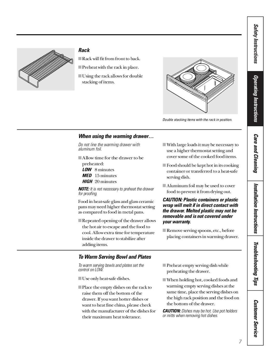 GE JTD910BBBB, JTD910SBSS, JTD910WBWW Rack, Care and Cleaning Installation Instructions, When using the warming drawer… 