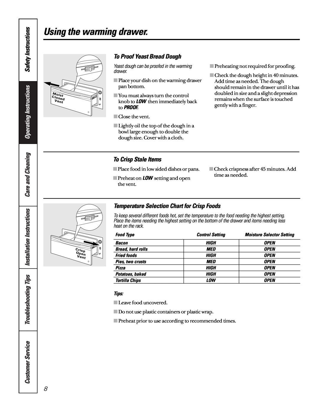 GE JKD910 Instructions, To Proof Yeast Bread Dough, To Crisp Stale Items, Temperature Selection Chart for Crisp Foods 