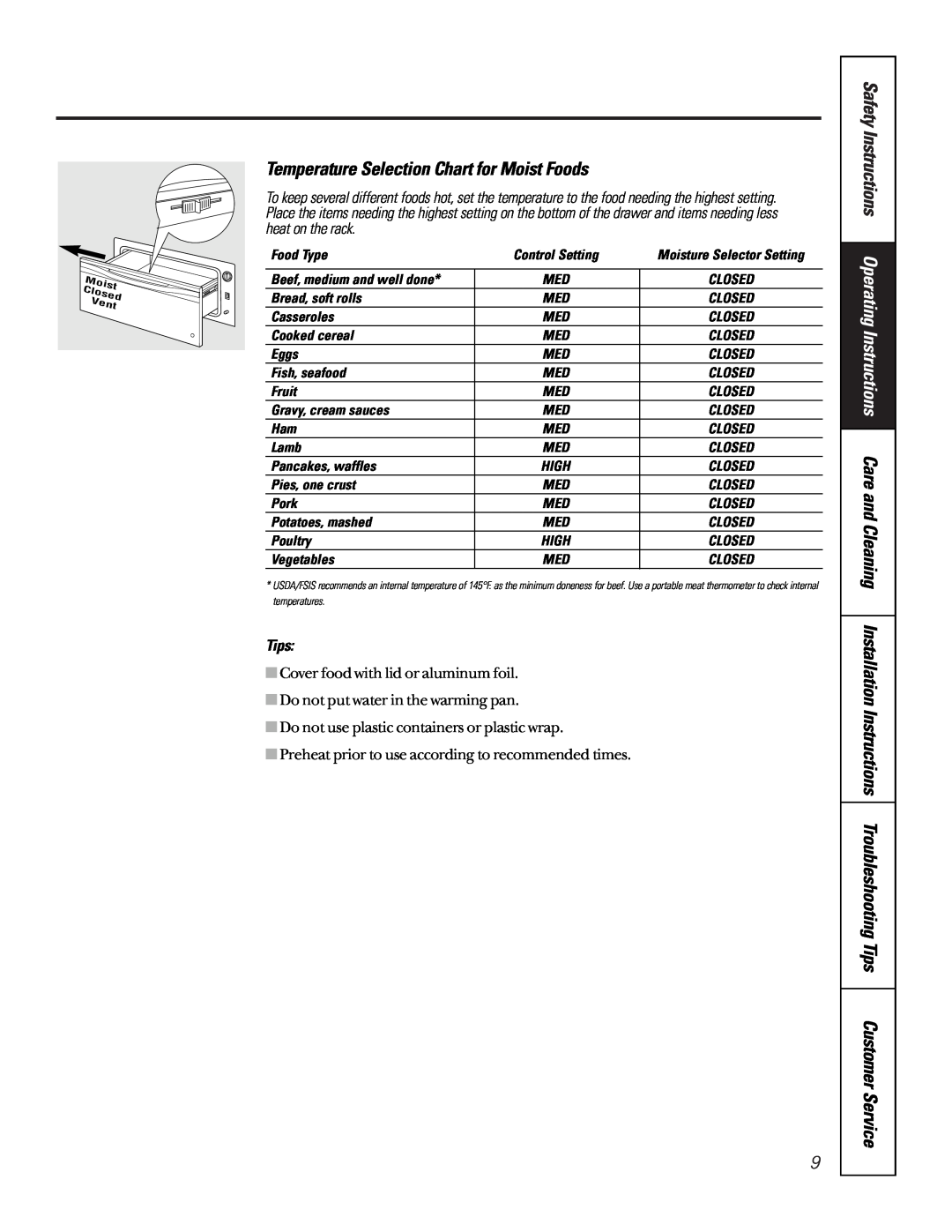 GE JTD910SBSS, JTD910WBWW, JTD910BBBB, JKD910 owner manual Temperature Selection Chart for Moist Foods, Tips 
