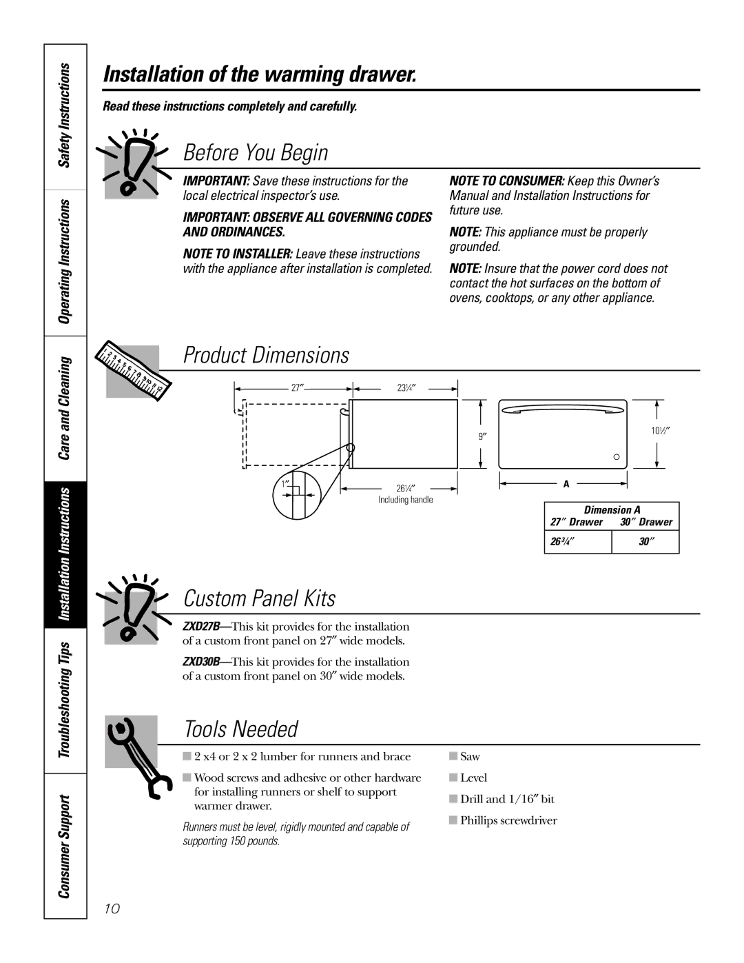 GE JTD915 owner manual Installation of the warming drawer, Before You Begin, Product Dimensions, Safety Instructions 