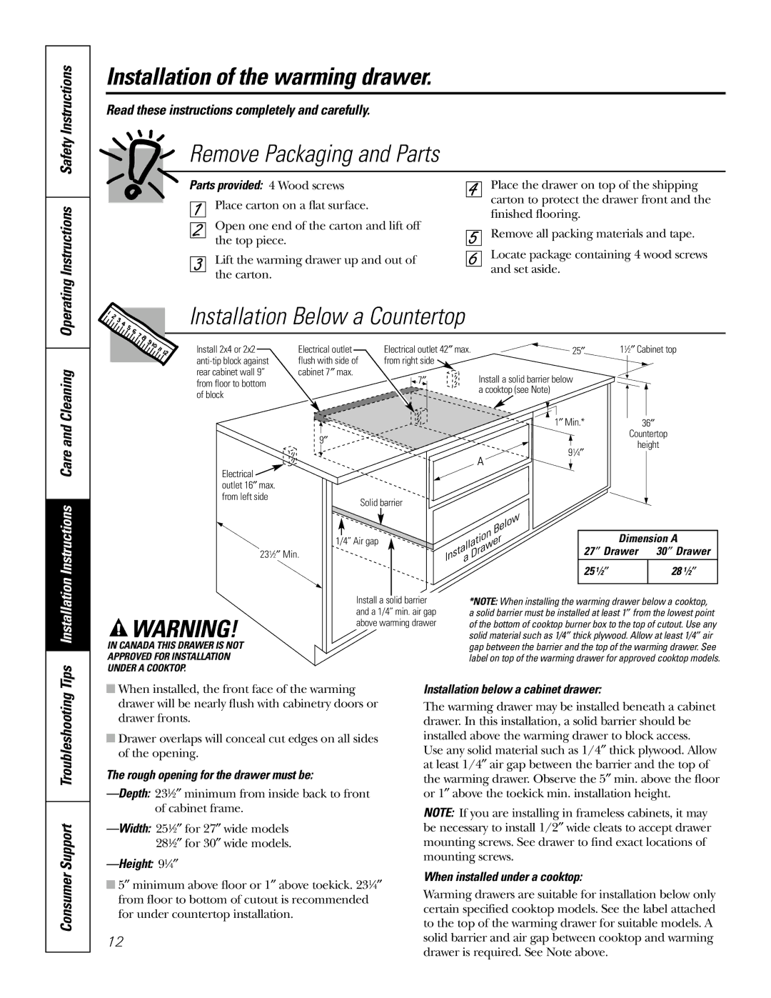 GE JTD915 Remove Packaging and Parts, Installation Below a Countertop, Instructions, Consumer Support Troubleshooting 