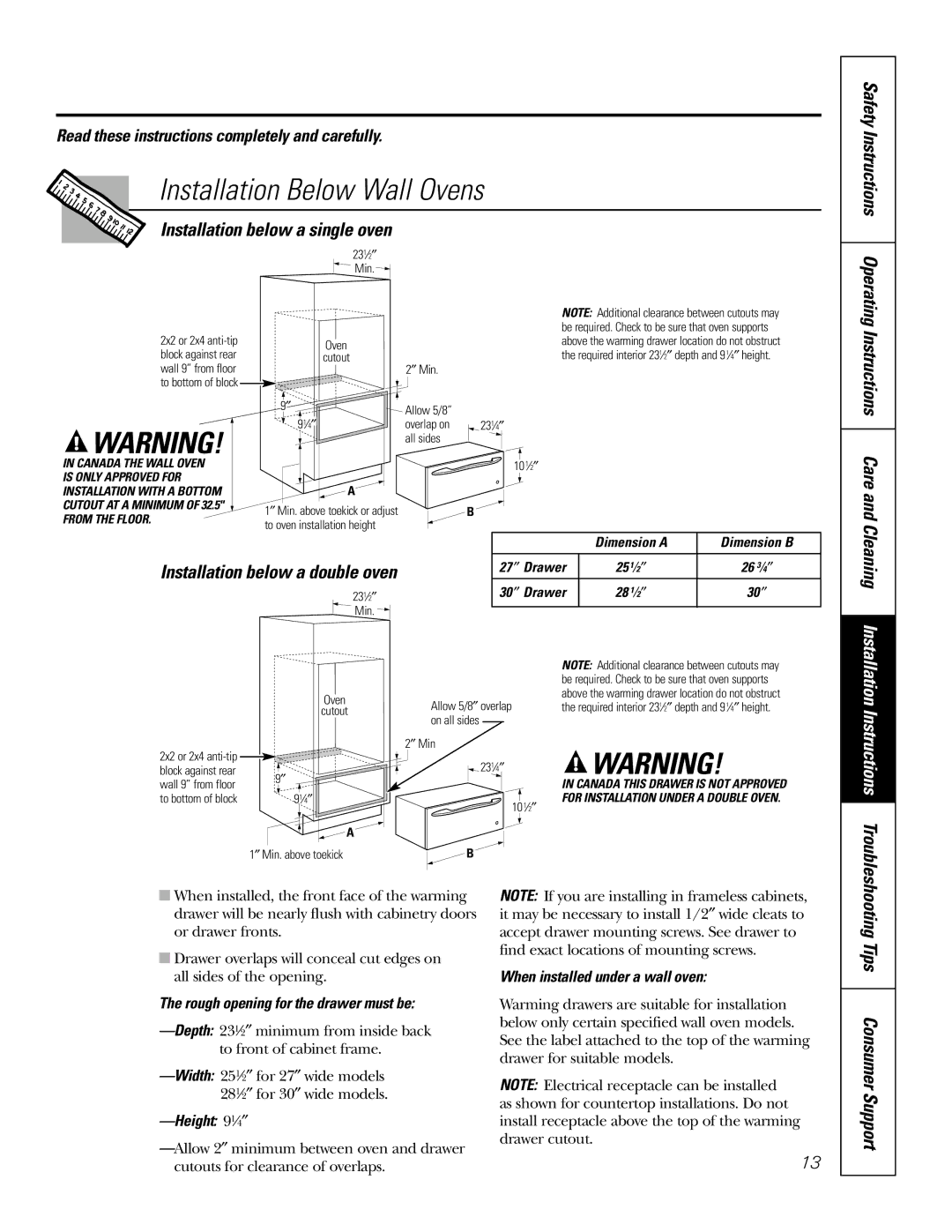 GE JTD915 owner manual Installation Below Wall Ovens, Installation below a single oven, Instructions Care 