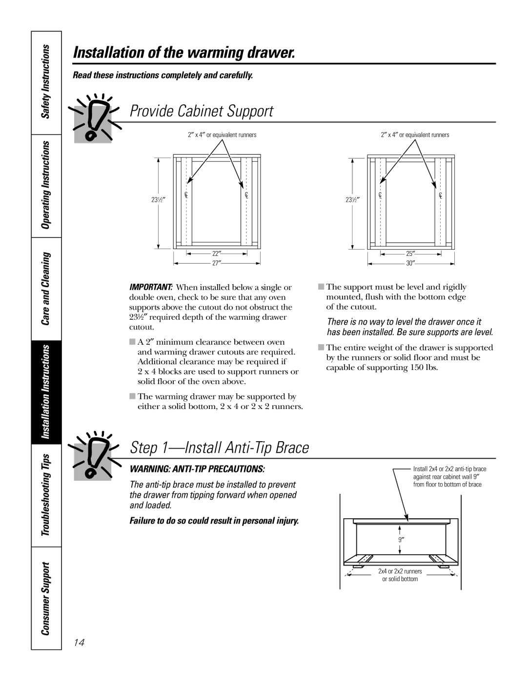 GE JTD915 owner manual Provide Cabinet Support, Install Anti-Tip Brace, Cleaning Operating Instructions, Consumer Support 