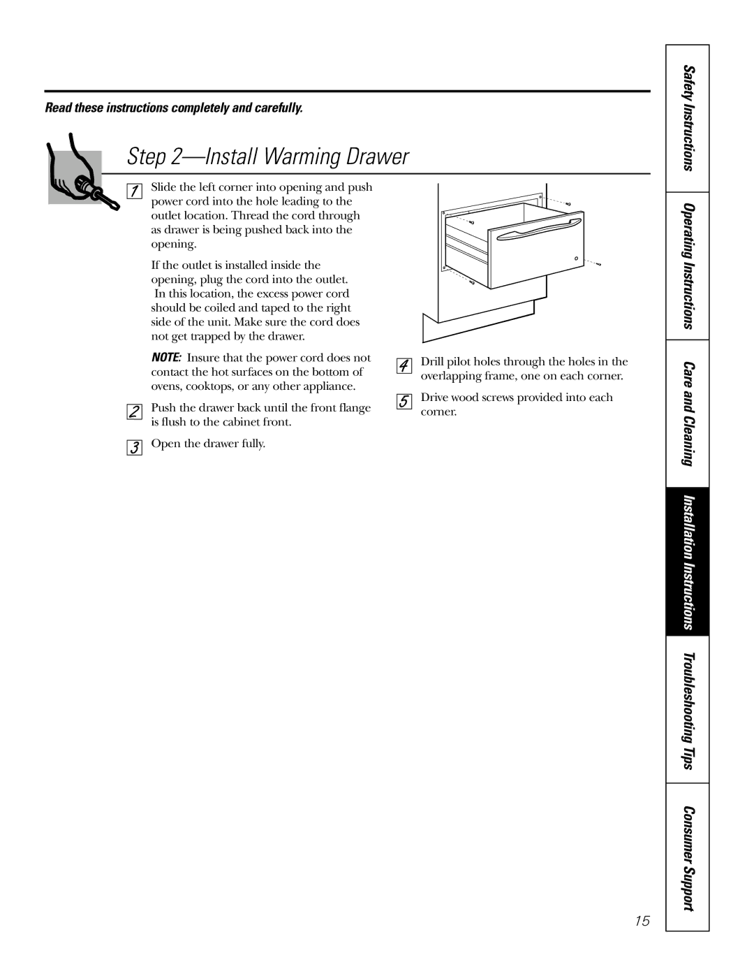 GE JTD915 owner manual Install Warming Drawer, Safety Instructions 