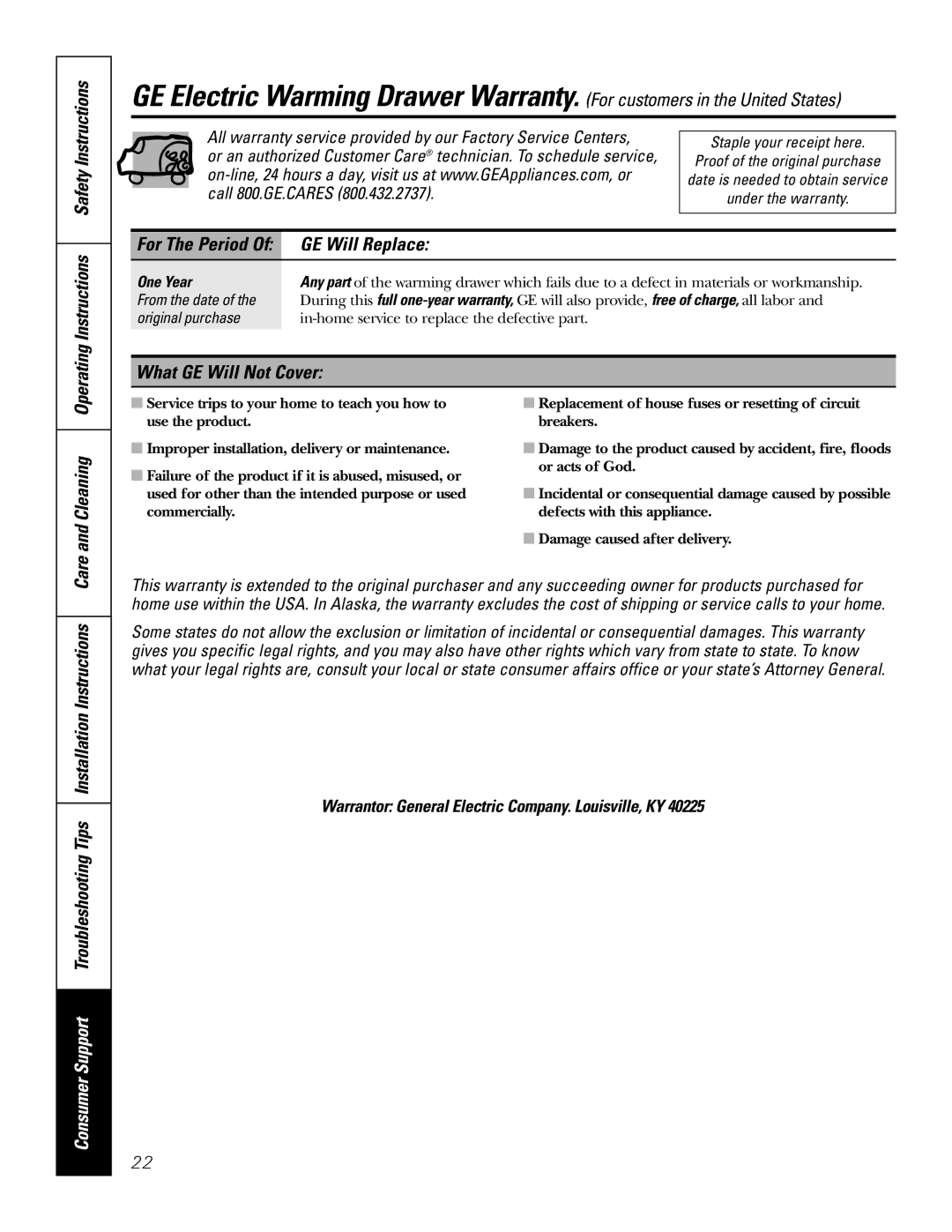 GE JTD915 Operating Instructions Safety Instructions, GE Will Replace, What GE Will Not Cover Care and Cleaning, One Year 