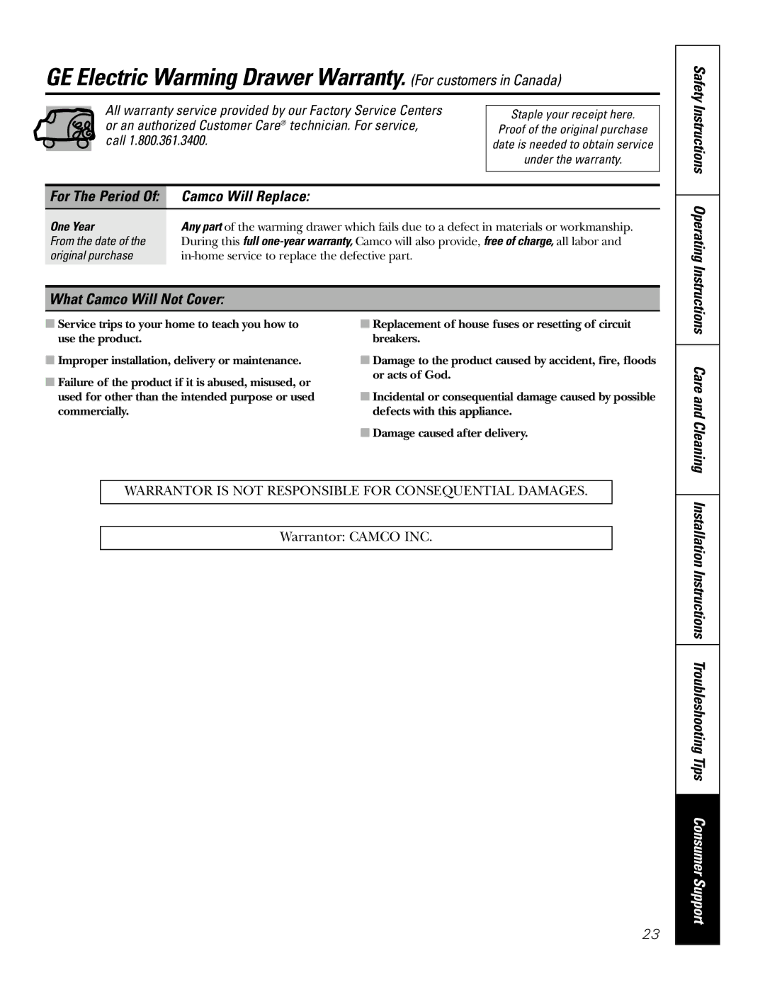 GE JTD915 owner manual Camco Will Replace, What Camco Will Not Cover, Safety Instructions Operating Instructions 