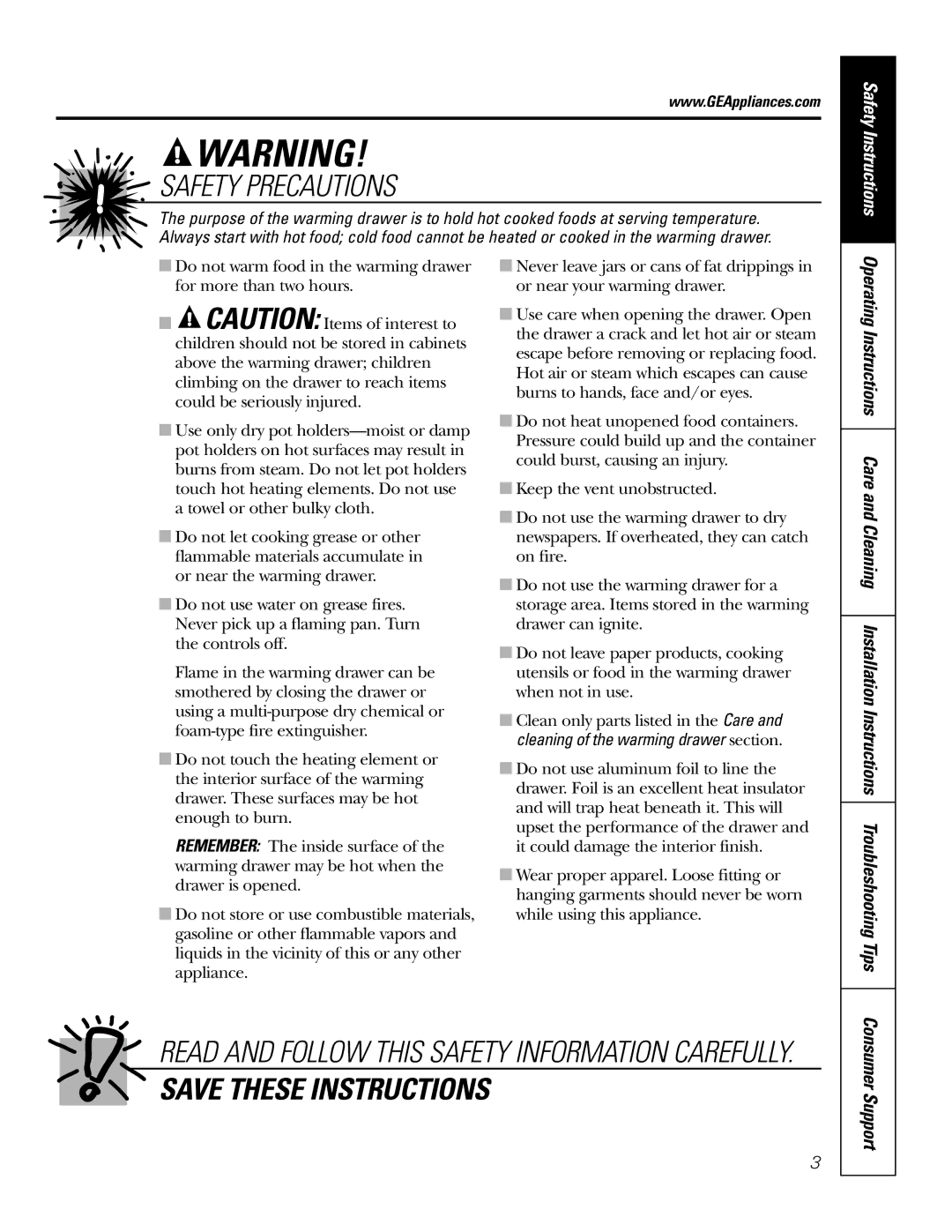 GE JTD915 owner manual Safety Instructions, Consumer Support 