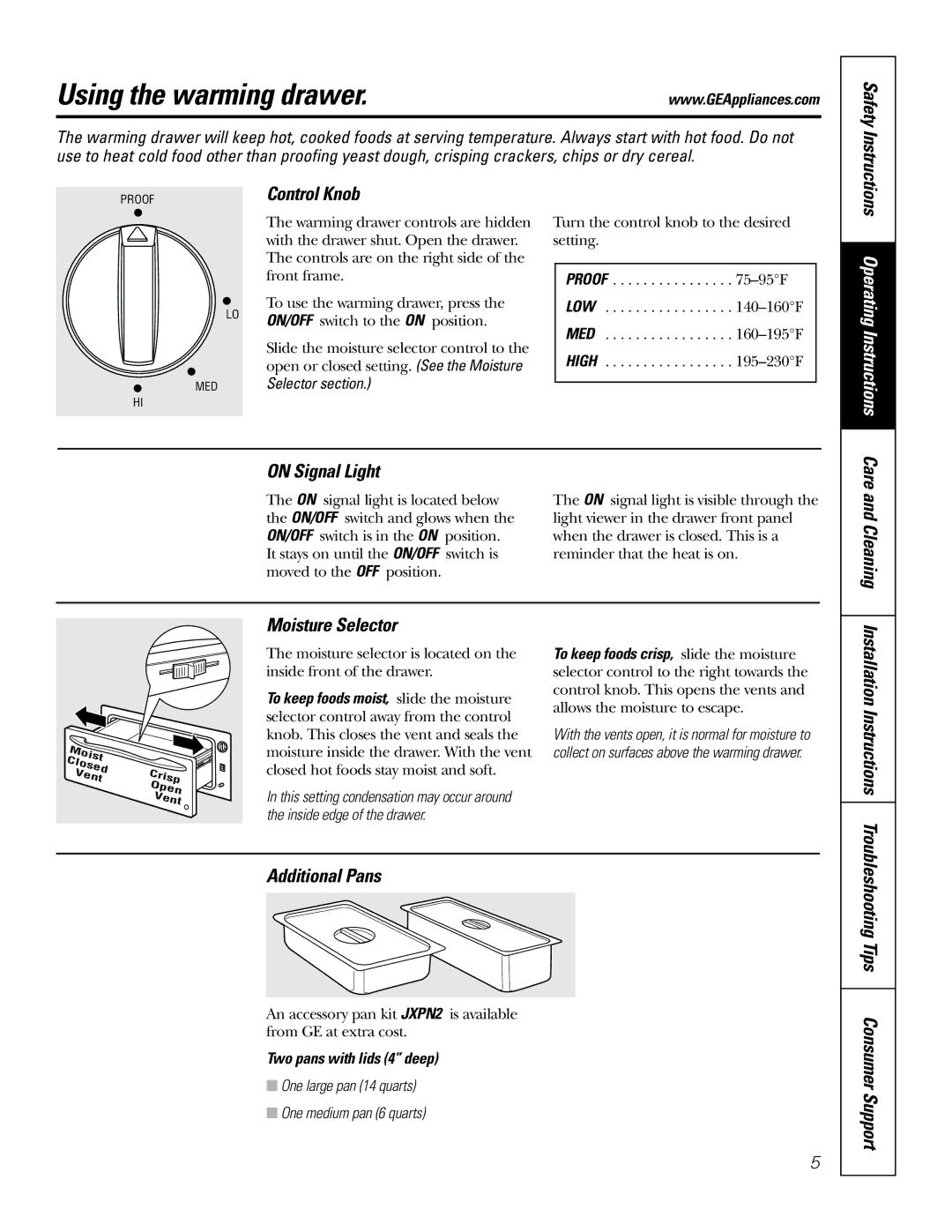 GE JTD915 Using the warming drawer, On Signal Light, Moisture Selector, Installation Instructions Additional Pans 