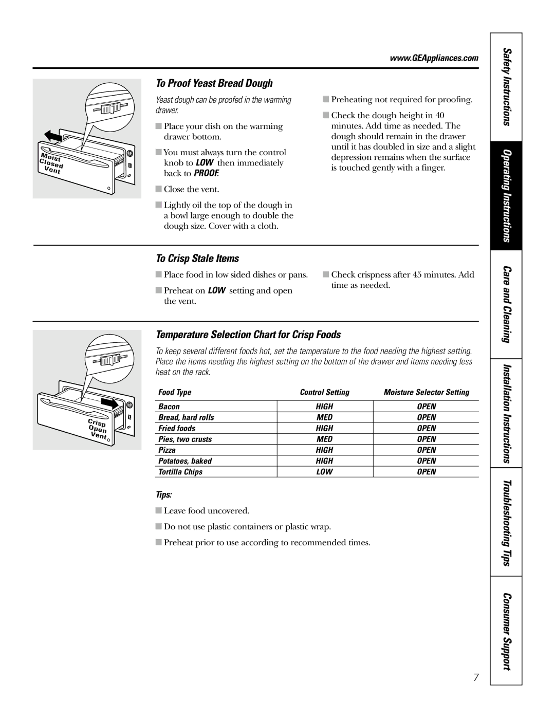 GE JTD915 To Proof Yeast Bread Dough, To Crisp Stale Items, Temperature Selection Chart for Crisp Foods, Safety, Tips 