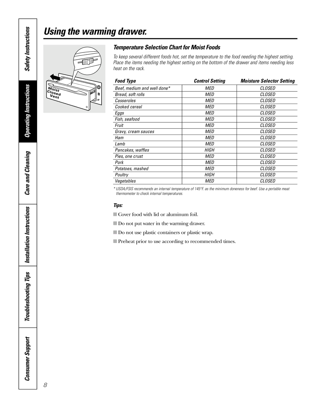 GE JTD915 owner manual Temperature Selection Chart for Moist Foods, Food Type 