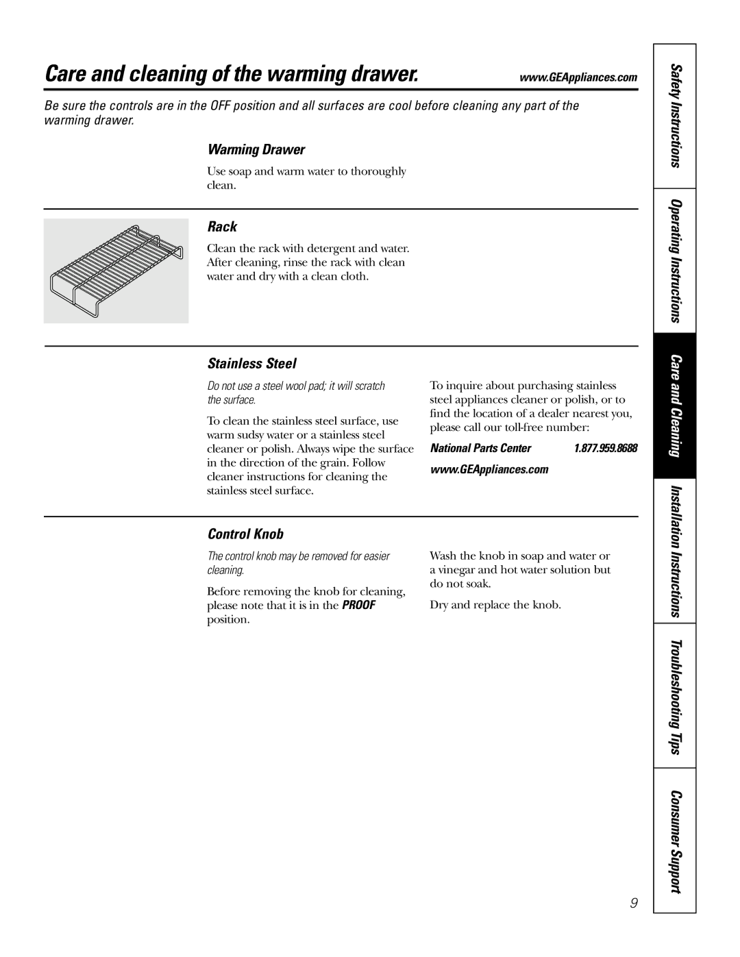 GE JTD915 owner manual Care and cleaning of the warming drawer, Warming Drawer, Control Knob 