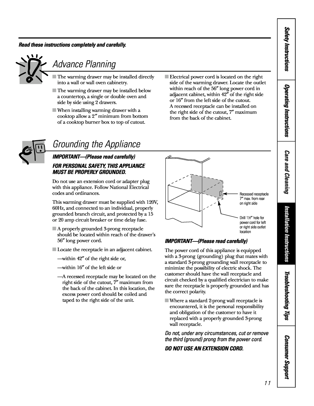 GE JTD915 Advance Planning, Grounding the Appliance, IMPORTANT-Please read carefully, Do Not Use An Extension Cord 
