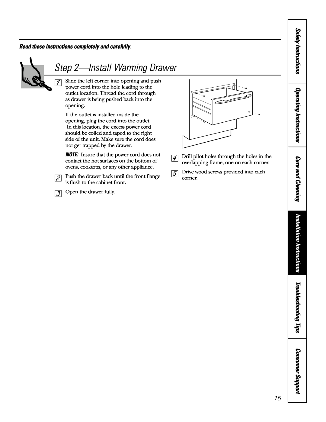 GE JTD915 owner manual Install Warming Drawer, Read these instructions completely and carefully, Safety Instructions 