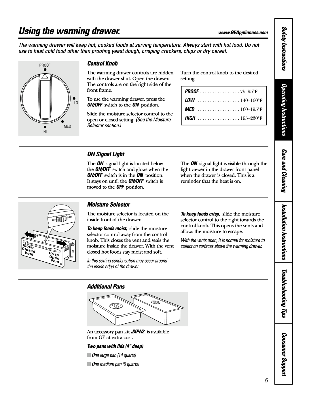 GE JTD915 Using the warming drawer, Operating Instructions, ON Signal Light, Moisture Selector, Installation Instructions 