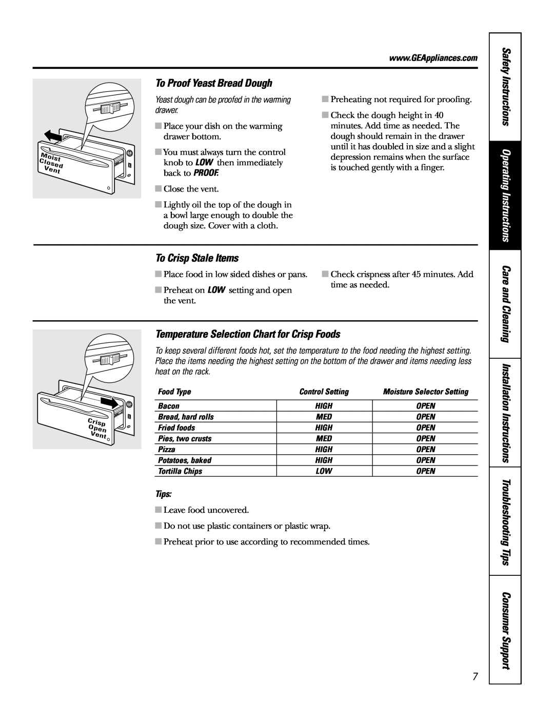 GE JTD915 To Proof Yeast Bread Dough, To Crisp Stale Items, Temperature Selection Chart for Crisp Foods, Safety, Tips 