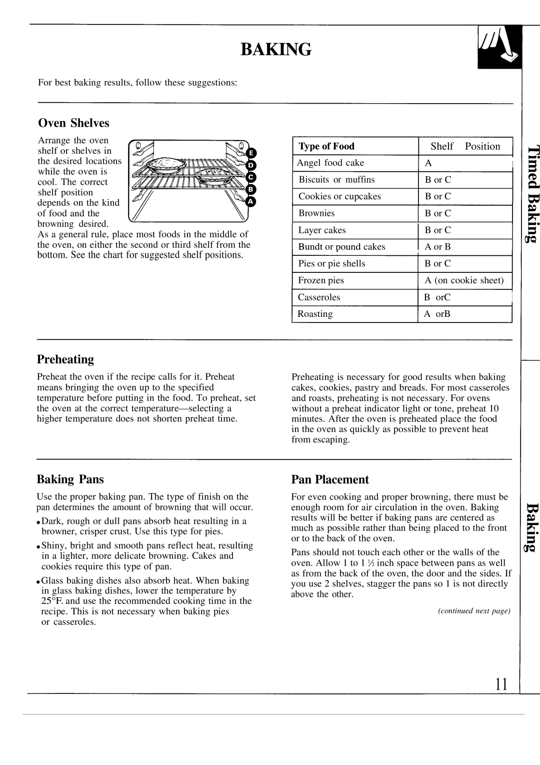 GE JTP10GS warranty Preheating, Baking Pans, Pan Placement 