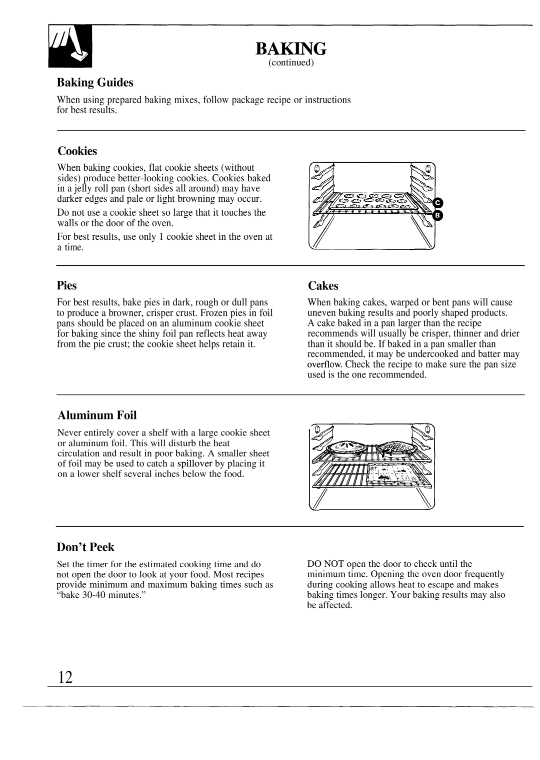 GE JTP10GS warranty Baking Guides, Cookies, Pies, Cakes, Aluminum Foil, Don’t Peek 