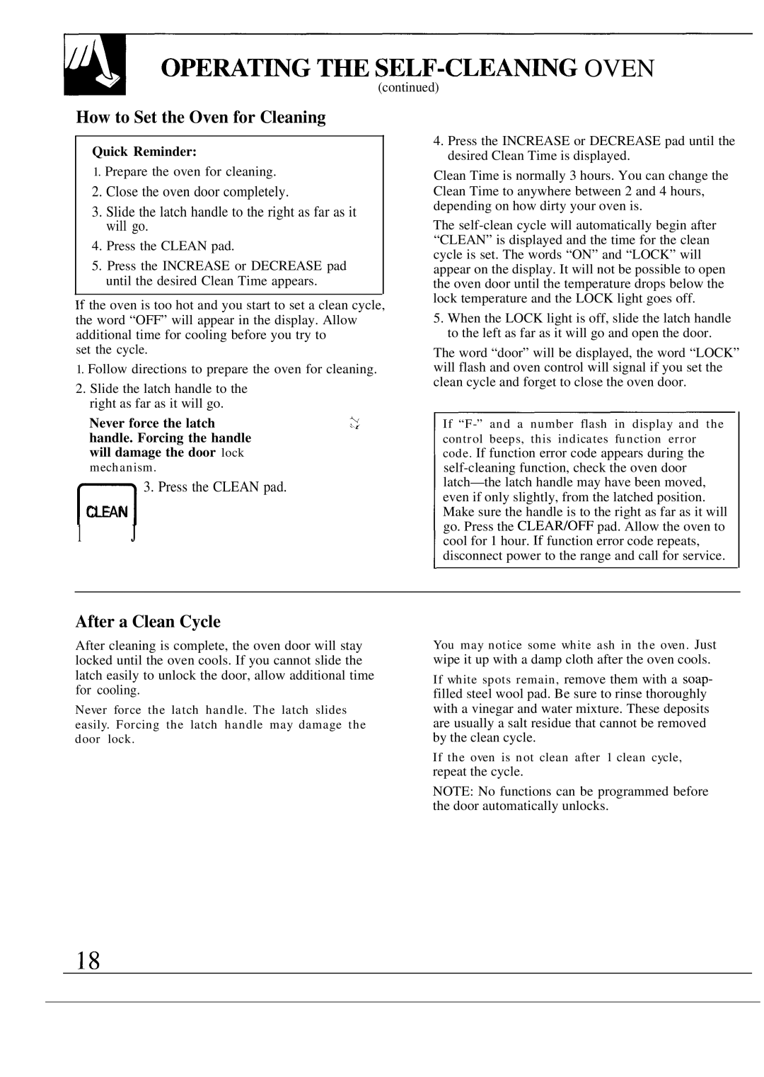 GE JTP10GS warranty OPEMT~G T~ SELF-CLEAN~G Oven, How to Set the Oven for Cleaning, After a Clean Cycle, Quick Reminder 