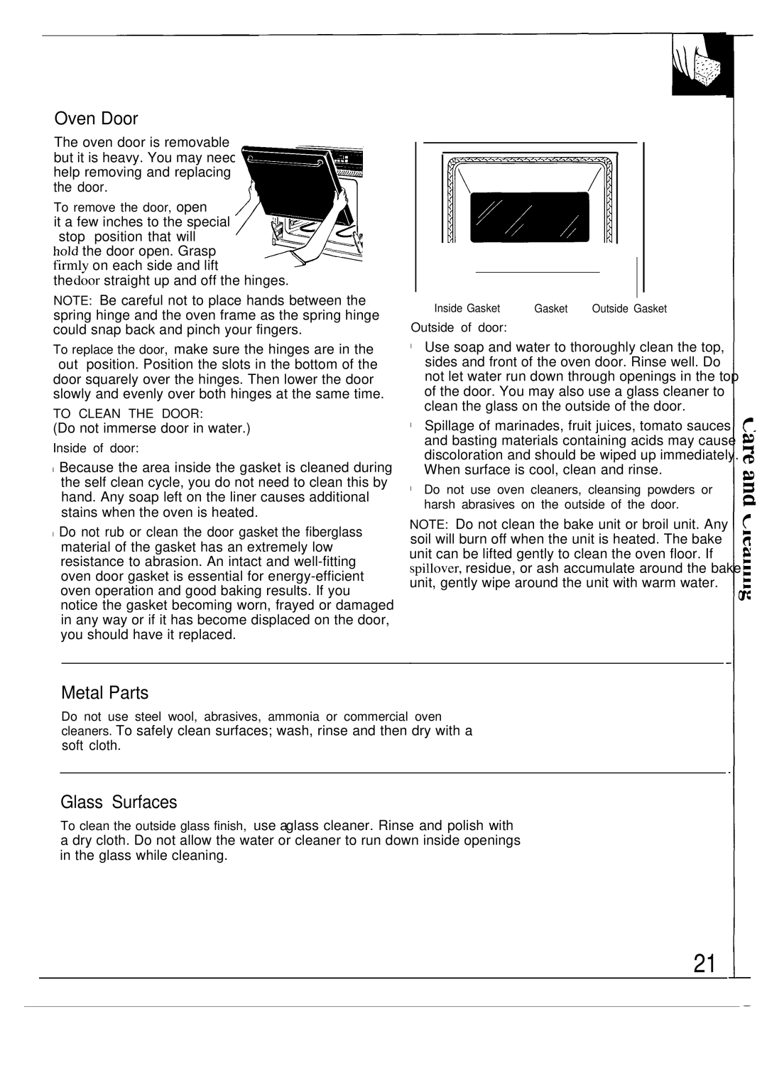 GE JTP10GS warranty Oven Door, Metal Parts, Glass Surfaces 