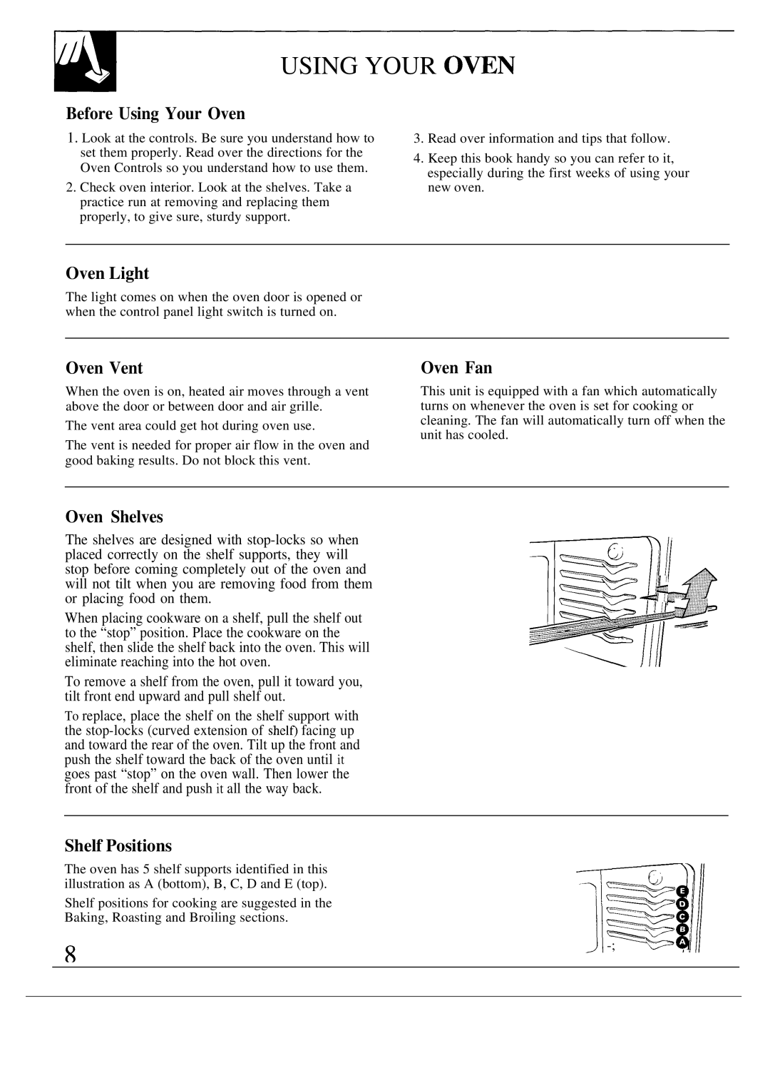 GE JTP10GS warranty Before Using Your Oven, Oven Light, Oven Vent, Oven Fan, Oven Shelves, Shelf Positions 