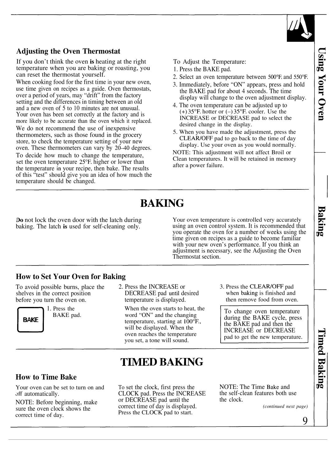 GE JTP10GS warranty Ba~G, Tmed Bahng, Adjusting the Oven Thermostat, How to Set Your Oven for Baking, How to Time Bake 