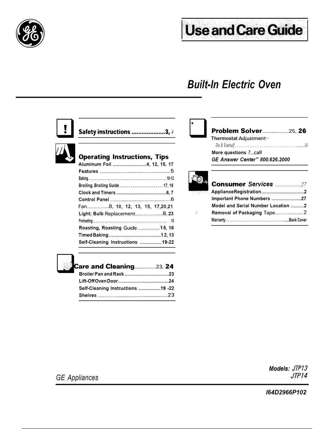 GE JTP14, JTP13 warranty Built-In Electric Oven 